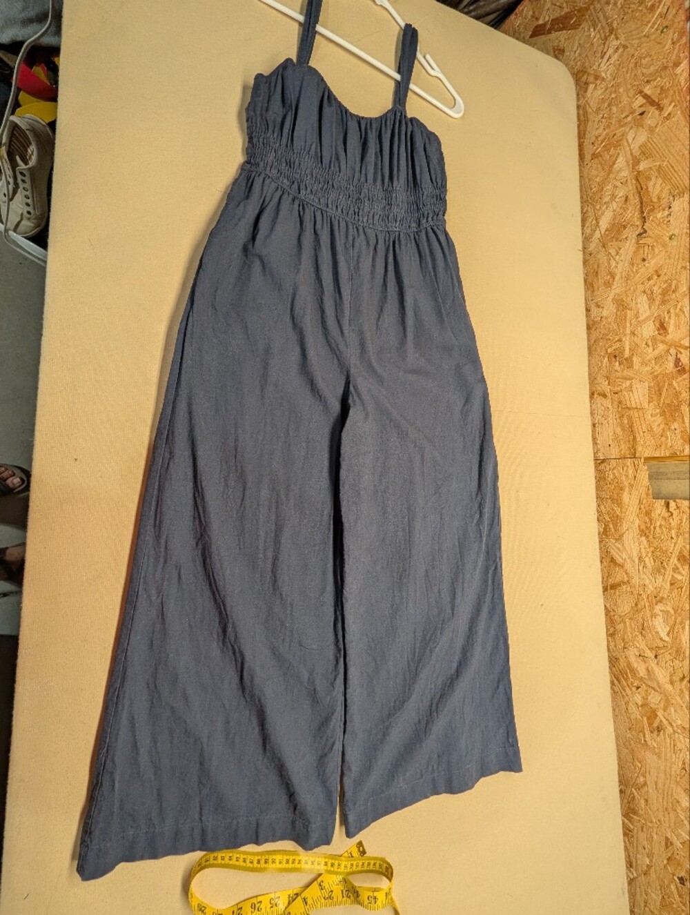 Madewell Women Size M Navy Smocked Wide-Strap Jumpsuit 100% Cotton Gather Waist